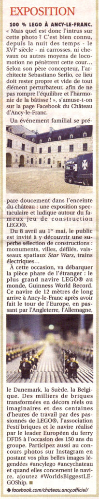 Exposition LEGO Château d'Ancy le Franc 29 mars 2017 article presse yonne républicaine