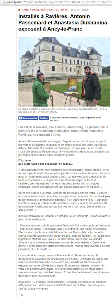 Article Yonne Républicaine xposition au Château d'Ancy le Franc 31 03 2016