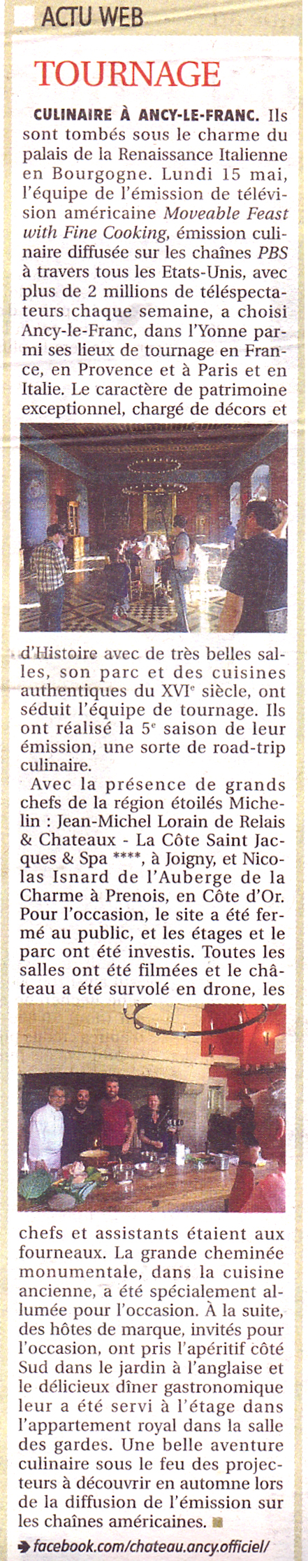 Tournage au chateau d'Ancy le Franc en Bourgogne émission américaine TV moveable feast